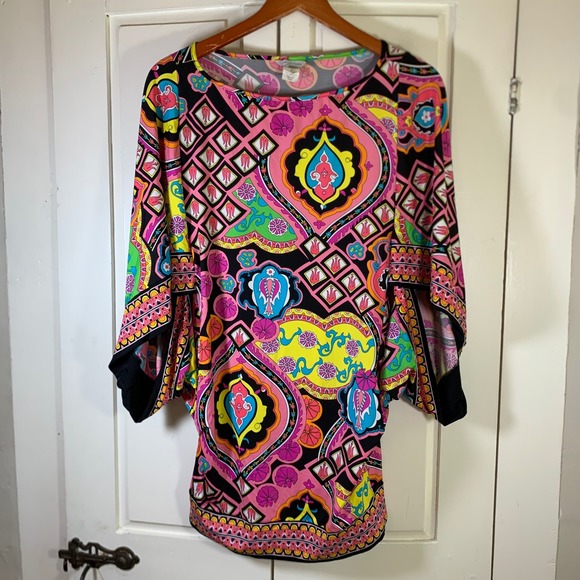 Trina Turk Tops - Trina Turk Womens Small Psychedelic Paisley Dolman Sleeve Tunic Top Dopamine